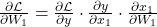 \frac{\partial \mathcal{L}}{\partial W_1} = \frac{\partial \mathcal{L}}{\partial y} \cdot \frac{\partial y}{\partial x_1} \cdot \frac{\partial x_1}{\partial W_1}