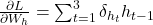 \frac{\partial L}{\partial W_h} = \sum_{t=1}^{3} \delta_{h_t} h_{t-1}