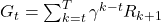 G_t = \sum_{k=t}^T \gamma^{k-t} R_{k+1}