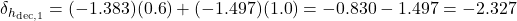  \delta_{h_{\text{dec},1}} = (-1.383)(0.6) + (-1.497)(1.0) = -0.830 - 1.497 = -2.327 