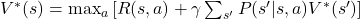 V^*(s) = \max_{a} \left[ R(s, a) + \gamma \sum_{s'} P(s'|s, a) V^*(s') \right]