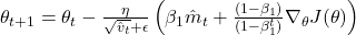 \theta_{t+1} = \theta_{t} - \frac{\eta}{\sqrt{\hat{v}_{t}} + \epsilon} \left(\beta_{1} \hat{m}_{t} + \frac{(1 - \beta_{1})}{(1 - \beta_{1}^{t})}\nabla_\theta J(\theta)\right)