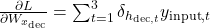  \frac{\partial L}{\partial W_{x_{\text{dec}}}} = \sum_{t=1}^{3} \delta_{h_{\text{dec}, t}} y_{\text{input}, t} 