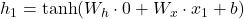  h_1 = \tanh(W_h \cdot 0 + W_x \cdot x_1 + b) 