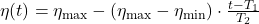 \eta(t) = \eta_{\text{max}} - (\eta_{\text{max}} - \eta_{\text{min}}) \cdot \frac{t - T_1}{T_2}