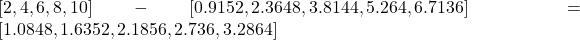 [2, 4, 6, 8, 10] - [0.9152, 2.3648, 3.8144, 5.264, 6.7136] = [1.0848, 1.6352, 2.1856, 2.736, 3.2864]