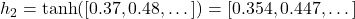  h_2 = \tanh([0.37, 0.48, \dots]) = [0.354, 0.447, \dots] 