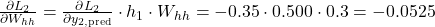 \frac{\partial L_2}{\partial W_{hh}} = \frac{\partial L_2}{\partial y_{2, \text{pred}}} \cdot h_1 \cdot W_{hh} = -0.35 \cdot 0.500 \cdot 0.3 = -0.0525