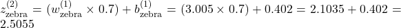 z_{\text{zebra}}^{(2)} = (w_{\text{zebra}}^{(1)} \times 0.7) + b_{\text{zebra}}^{(1)} = (3.005 \times 0.7) + 0.402 = 2.1035 + 0.402 = 2.5055