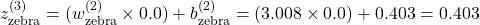 z_{\text{zebra}}^{(3)} = (w_{\text{zebra}}^{(2)} \times 0.0) + b_{\text{zebra}}^{(2)} = (3.008 \times 0.0) + 0.403 = 0.403