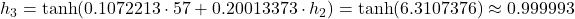 h_3 = \tanh(0.1072213 \cdot 57 + 0.20013373 \cdot h_2) = \tanh(6.3107376) \approx 0.999993