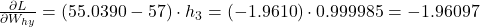 \frac{\partial L}{\partial W_{hy}} = (55.0390 - 57) \cdot h_3 = (-1.9610) \cdot 0.999985 = -1.96097