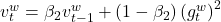 v_t^w = \beta_2 v_{t-1}^w + (1 - \beta_2) \left( g_t^w \right)^2