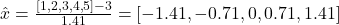 \hat{x} = \frac{[1, 2, 3, 4, 5] - 3}{1.41} = [-1.41, -0.71, 0, 0.71, 1.41]