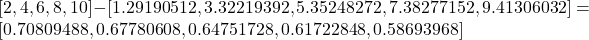 [2, 4, 6, 8, 10] - [1.29190512, 3.32219392, 5.35248272, 7.38277152, 9.41306032] = [0.70809488, 0.67780608, 0.64751728, 0.61722848, 0.58693968]