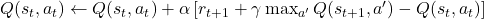 Q(s_t, a_t) \leftarrow Q(s_t, a_t) + \alpha \left[ r_{t+1} + \gamma \max_{a'} Q(s_{t+1}, a') - Q(s_t, a_t) \right]