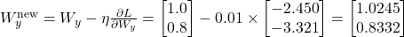  W_y^{\text{new}} = W_y - \eta \frac{\partial L}{\partial W_y} = \begin{bmatrix} 1.0 \\ 0.8 \end{bmatrix} - 0.01 \times \begin{bmatrix} -2.450 \\ -3.321 \end{bmatrix} = \begin{bmatrix} 1.0245 \\ 0.8332 \end{bmatrix} 