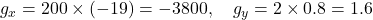  g_x = 200 \times (-19) = -3800, \quad g_y = 2 \times 0.8 = 1.6 