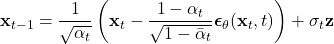 \[ \mathbf{x}_{t-1} = \frac{1}{\sqrt{\alpha_t}} \left( \mathbf{x}_t - \frac{1 - \alpha_t}{\sqrt{1 - \bar{\alpha}_t}} \boldsymbol{\epsilon}_\theta(\mathbf{x}_t, t) \right) + \sigma_t \mathbf{z} \] 