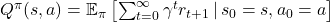 Q^{\pi}(s, a) = \mathbb{E}_{\pi} \left[ \sum_{t=0}^{\infty} \gamma^t r_{t+1} \,|\, s_0 = s, a_0 = a \right]