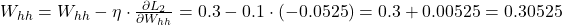 W_{hh} = W_{hh} - \eta \cdot \frac{\partial L_2}{\partial W_{hh}} = 0.3 - 0.1 \cdot (-0.0525) = 0.3 + 0.00525 = 0.30525