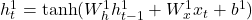  h_t^1 = \tanh(W_h^1 h_{t-1}^1 + W_x^1 x_t + b^1) 