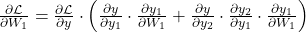 \frac{\partial \mathcal{L}}{\partial W_1} = \frac{\partial \mathcal{L}}{\partial y} \cdot \left( \frac{\partial y}{\partial y_1} \cdot \frac{\partial y_1}{\partial W_1} + \frac{\partial y}{\partial y_2} \cdot \frac{\partial y_2}{\partial y_1} \cdot \frac{\partial y_1}{\partial W_1} \right)