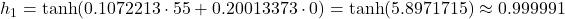 h_1 = \tanh(0.1072213 \cdot 55 + 0.20013373 \cdot 0) = \tanh(5.8971715) \approx 0.999991