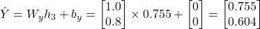  \hat{Y} = W_y h_3 + b_y = \begin{bmatrix} 1.0 \\ 0.8 \end{bmatrix} \times 0.755 + \begin{bmatrix} 0 \\ 0 \end{bmatrix} = \begin{bmatrix} 0.755 \\ 0.604 \end{bmatrix} 