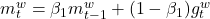 m_t^w = \beta_1 m_{t-1}^w + (1 - \beta_1) g_t^w