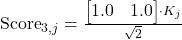 \text{Score}_{3,j} = \frac{\begin{bmatrix} 1.0 & 1.0 \end{bmatrix} \cdot K_j}{\sqrt{2}}