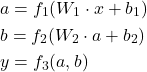 \[ \begin{aligned}&a = f_1(W_1 \cdot x + b_1) \\&b = f_2(W_2 \cdot a + b_2) \\&y = f_3(a, b)\end{aligned} \]