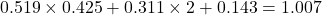  0.519 \times 0.425 + 0.311 \times 2 + 0.143 = 1.007 