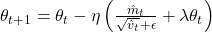 \theta_{t+1} = \theta_{t} - \eta \left(\frac{\hat{m}_{t}}{\sqrt{\hat{v}_{t}} + \epsilon} + \lambda \theta_t\right)