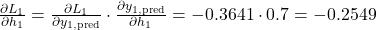 \frac{\partial L_1}{\partial h_1} = \frac{\partial L_1}{\partial y_{1, \text{pred}}} \cdot \frac{\partial y_{1, \text{pred}}}{\partial h_1} = -0.3641 \cdot 0.7 = -0.2549