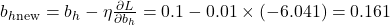 b_h_{\text{new}} = b_h - \eta \frac{\partial L}{\partial b_h} = 0.1 - 0.01 \times (-6.041) = 0.161