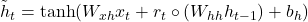 \tilde{h}_t = \tanh(W_{xh} x_t + r_t \circ (W_{hh} h_{t-1}) + b_h)