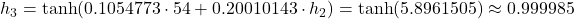 h_3 = \tanh(0.1054773 \cdot 54 + 0.20010143 \cdot h_2) = \tanh(5.8961505) \approx 0.999985