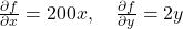  \frac{\partial f}{\partial x} = 200x, \quad \frac{\partial f}{\partial y} = 2y 