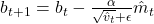 b_{t+1} = b_t - \frac{\alpha}{\sqrt{\hat{v}_t} + \epsilon} \hat{m}_t