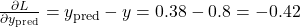 \frac{\partial L}{\partial y_{\text{pred}}} = y_{\text{pred}} - y = 0.38 - 0.8 = -0.42