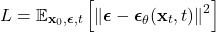 \[ L = \mathbb{E}_{\mathbf{x}_0, \boldsymbol{\epsilon}, t} \left[ \left\| \boldsymbol{\epsilon} - \boldsymbol{\epsilon}_\theta(\mathbf{x}_t, t) \right\|^2 \right] \] 