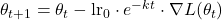 \theta_{t+1} = \theta_t - \text{lr}_0 \cdot e^{-kt} \cdot \nabla L(\theta_t)