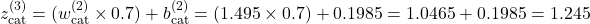 z_{\text{cat}}^{(3)} = (w_{\text{cat}}^{(2)} \times 0.7) + b_{\text{cat}}^{(2)} = (1.495 \times 0.7) + 0.1985 = 1.0465 + 0.1985 = 1.245