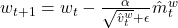 w_{t+1} = w_t - \frac{\alpha}{\sqrt{\hat{v}_t^w} + \epsilon} \hat{m}_t^w