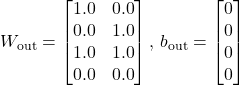 W_{\text{out}} = \begin{bmatrix} 1.0 & 0.0 \\ 0.0 & 1.0 \\ 1.0 & 1.0 \\ 0.0 & 0.0 \end{bmatrix}, \, b_{\text{out}} = \begin{bmatrix} 0 \\ 0 \\ 0 \\ 0 \end{bmatrix}