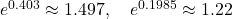 e^{0.403} \approx 1.497, \quad e^{0.1985} \approx 1.22