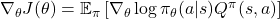 \nabla_\theta J(\theta) = \mathbb{E}_\pi \left[ \nabla_\theta \log \pi_\theta(a|s) Q^\pi(s, a) \right]