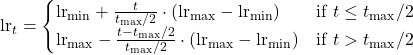 \text{lr}_t = \begin{cases}  \text{lr}_{\min} + \frac{t}{t_{\max}/2} \cdot (\text{lr}_{\max} - \text{lr}_{\min}) & \text{if } t \leq t_{\max}/2 \\ \text{lr}_{\max} - \frac{t - t_{\max}/2}{t_{\max}/2} \cdot (\text{lr}_{\max} - \text{lr}_{\min}) & \text{if } t > t_{\max}/2 \end{cases}