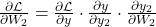 \frac{\partial \mathcal{L}}{\partial W_2} = \frac{\partial \mathcal{L}}{\partial y} \cdot \frac{\partial y}{\partial y_2} \cdot \frac{\partial y_2}{\partial W_2}